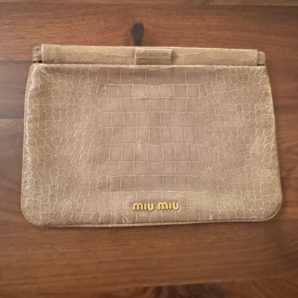 Miu Miu Beige Reptile Patten Leather Embossed Clutch